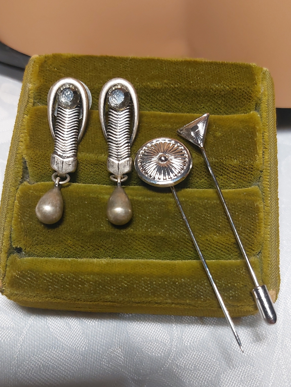 Vintage Silver Crystal Faux Pearl Chevron Earrings & 2pc Stick Pins